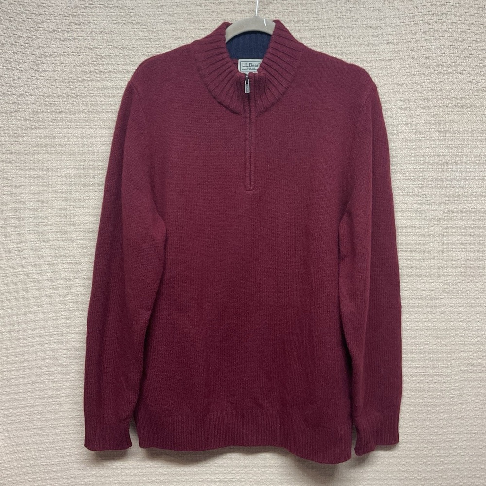 LLBean Shetland Wool 1/4 Zip Sweater Mens L Regular Elbow Patches Raspberry Red